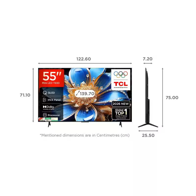 TCL 139cm (55 inch) 4K Ultra HD QLED Smart Google TV | AiPQ Processor | AI | 60 Hz Refresh Rate | Dolby Vision & Atmos | Bezel-Less Design (55T69D)