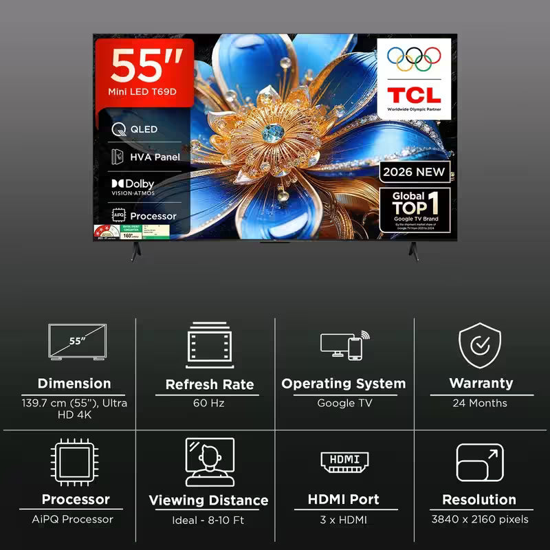 TCL 139cm (55 inch) 4K Ultra HD QLED Smart Google TV | AiPQ Processor | AI | 60 Hz Refresh Rate | Dolby Vision & Atmos | Bezel-Less Design (55T69D)
