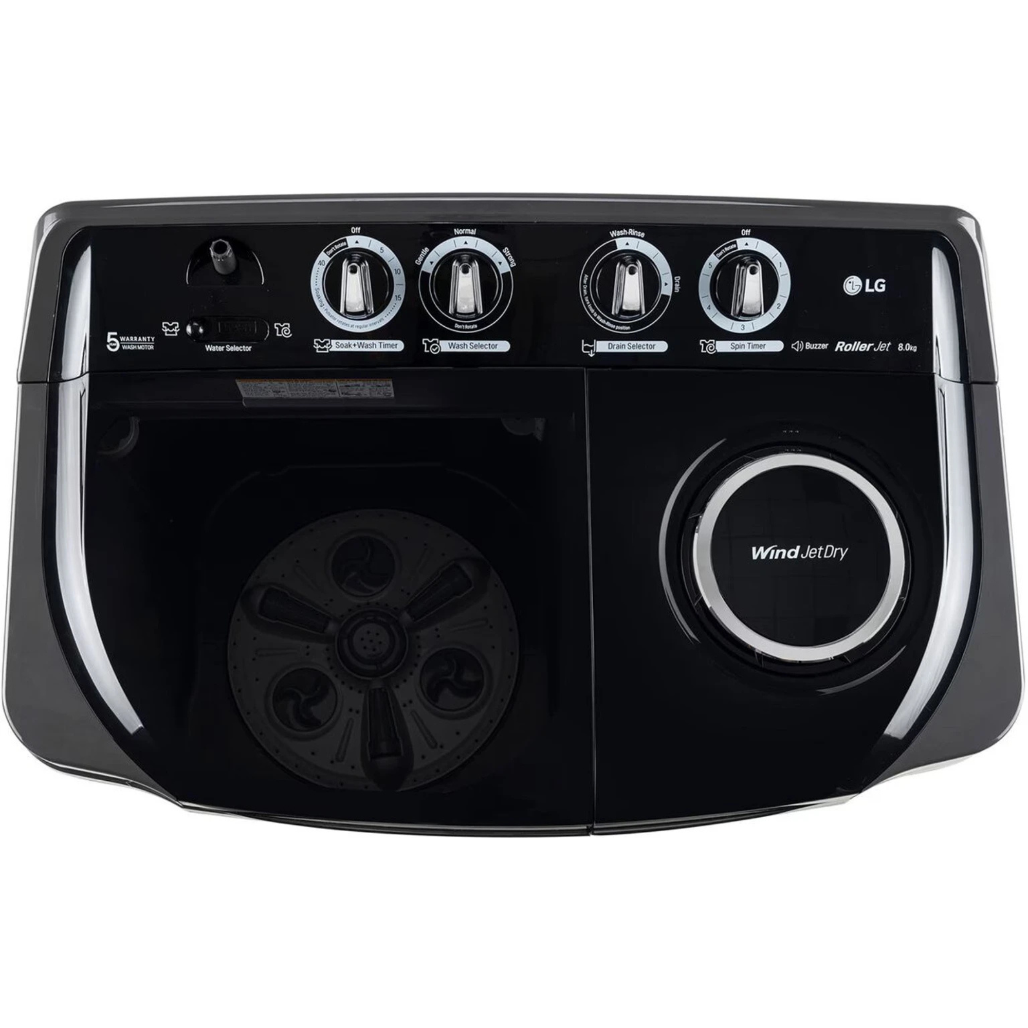 LG 8Kg Semi Automatic Washing Machine, Roller Jet Pulsator + Soak, Middle Black, 5 Star