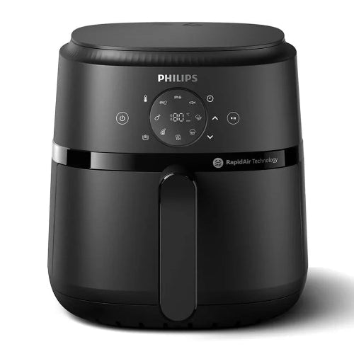 Black Philips air fryer on a white background with Mahajan Electronics logo.