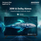 Acerpure Neo Swift 43 TV with Dolby Atmos branding and whale imagery on screen.