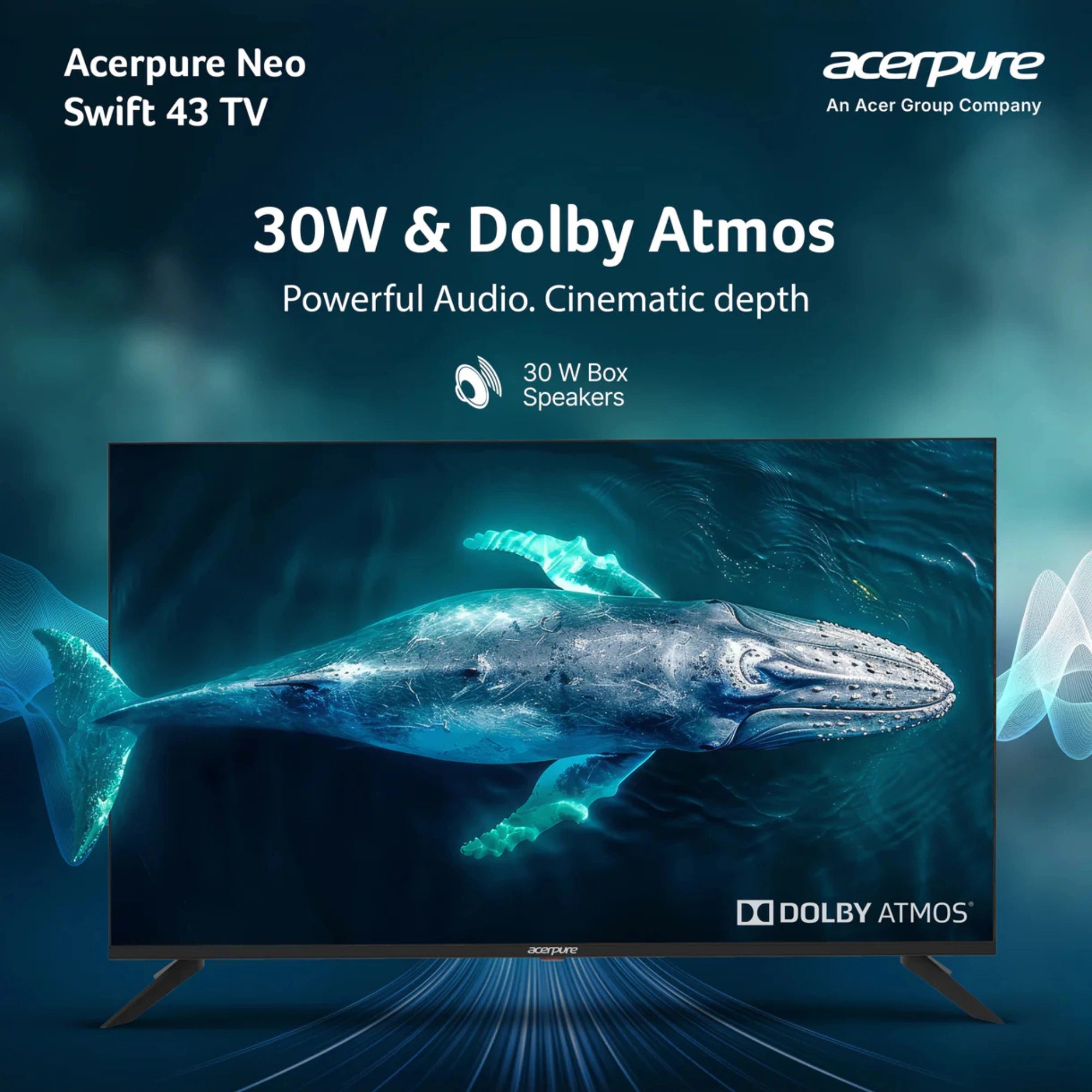 Acerpure Neo Swift 43 TV with Dolby Atmos branding and whale imagery on screen.