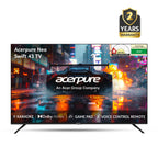 Acerpure Neo Swift 43 TV with cityscape background and warranty badge on screen