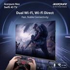 Acerpure Neo Swift 43 TV displaying a gaming scene with dual Wi-Fi connectivity text above.