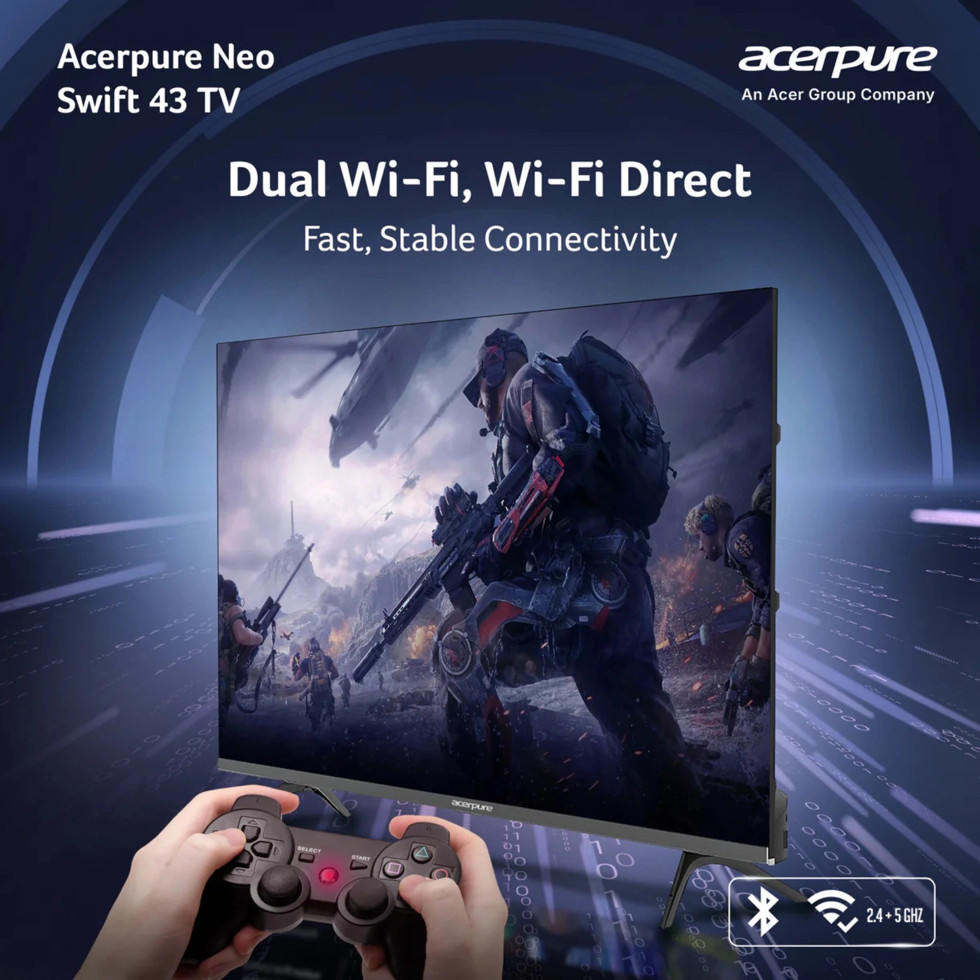 Acerpure Neo Swift 43 TV displaying a gaming scene with dual Wi-Fi connectivity text above.