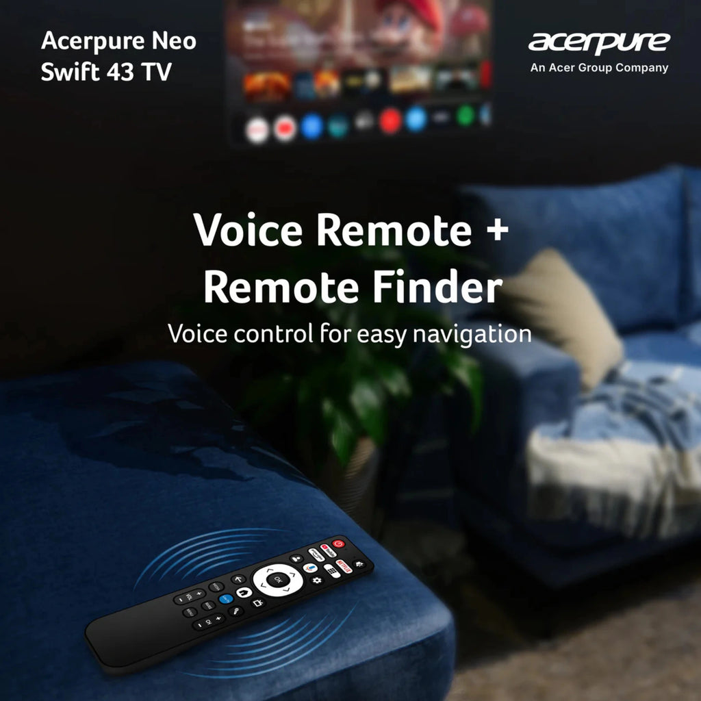 Acerpure Neo Swift 43 TV with remote control and text highlighting voice remote and finder features.