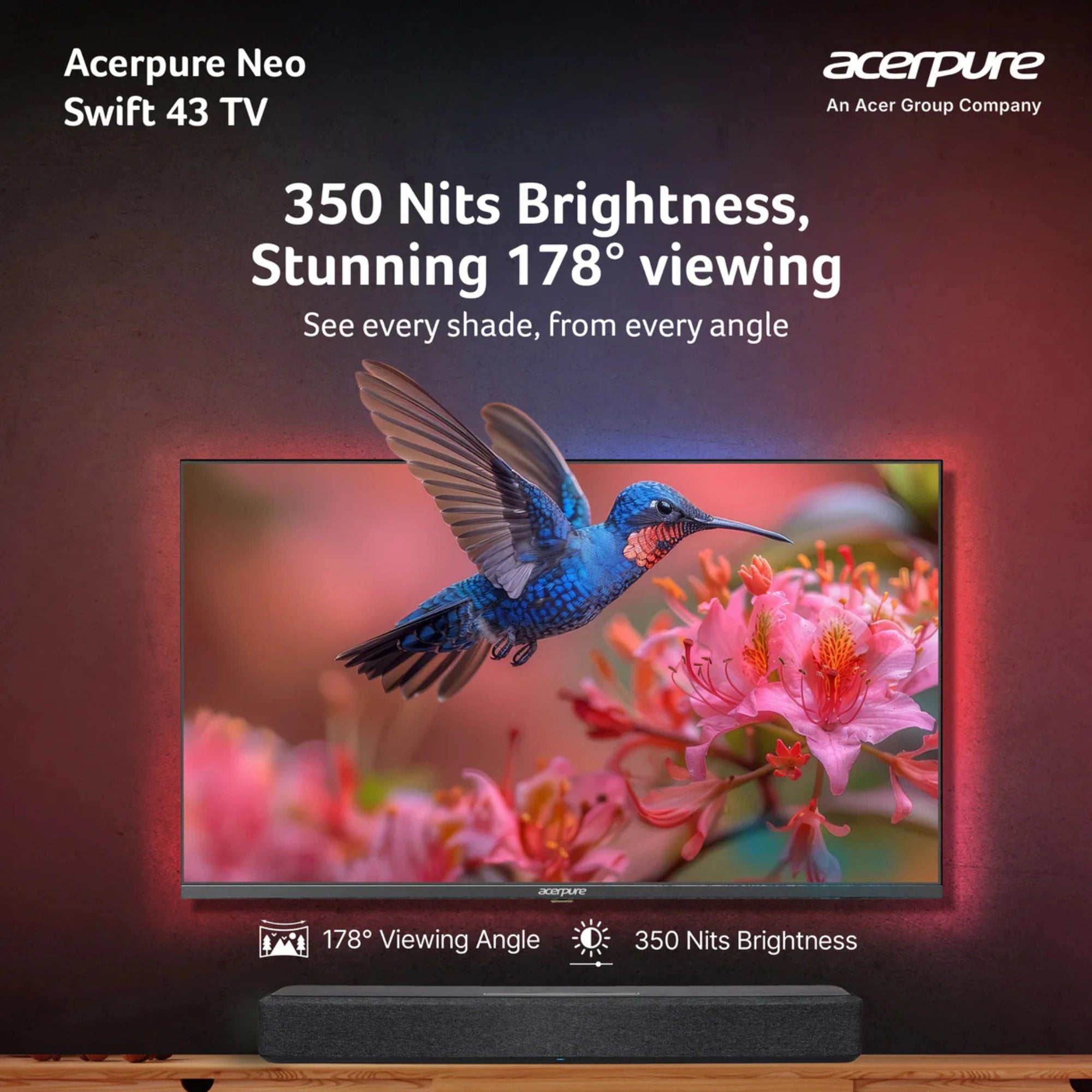 Acerpure Neo Swift 43 TV displaying a hummingbird and flowers with text about brightness and viewing angle.