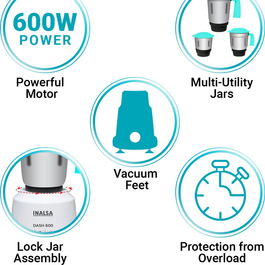 Inalsa Dash 600W Mixer Grinder with 3 Jars