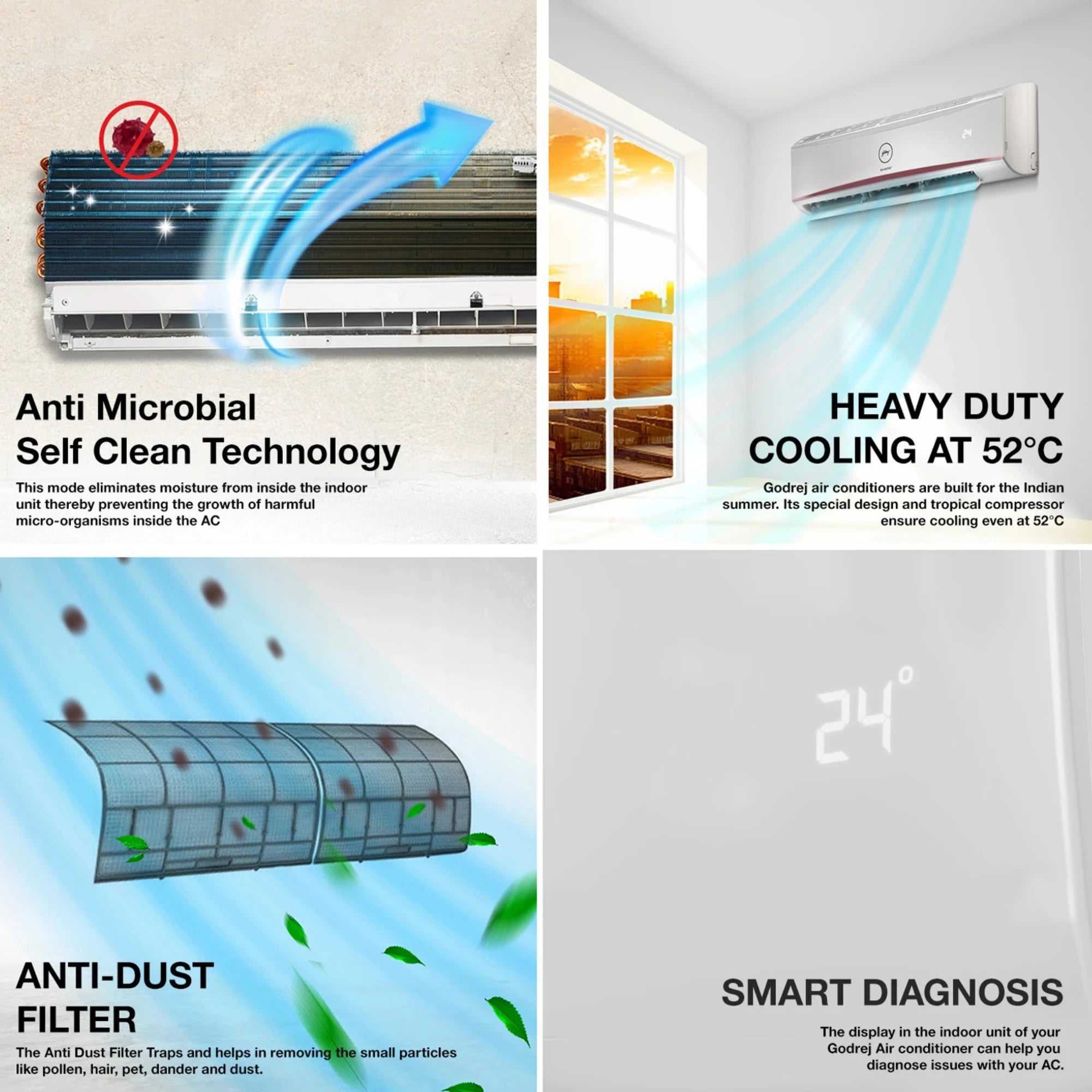 Godrej 2 Ton 3 Star, 4-Way Air Swing, Fixed Speed Split AC (Copper, Anti-Dust Filter, AC 2T SFC 24LTC3-WWR, White)