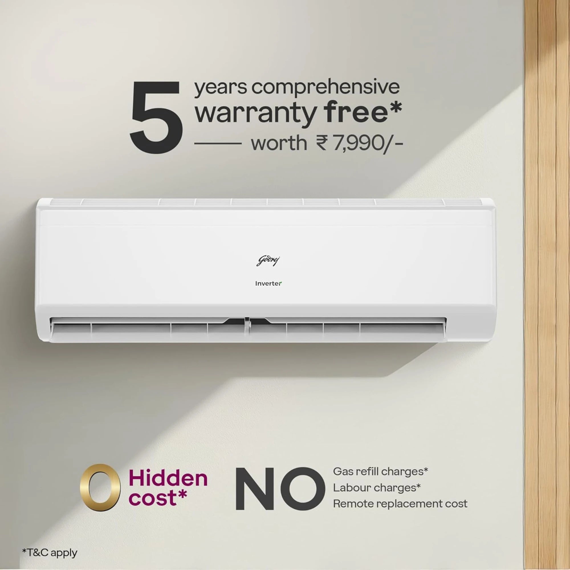 Godrej 1.5 Ton 3 Star, Hot & Cold 52°C to -7°C, 5 Years Comprehensive Warranty, AI Powered, 4 Way Air Swing, Self Clean Technology, Inverter Split AC