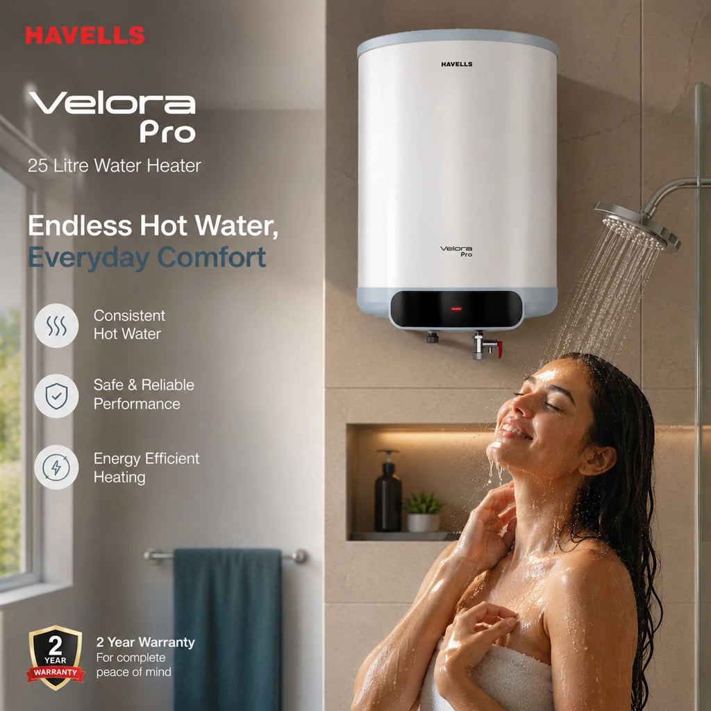 Havells Velora Pro 25L Water Heater External Temperature Dial Knob and Feroglas Inner Tank Core Overview at Keshav Enterprises near Khandwala Chowk