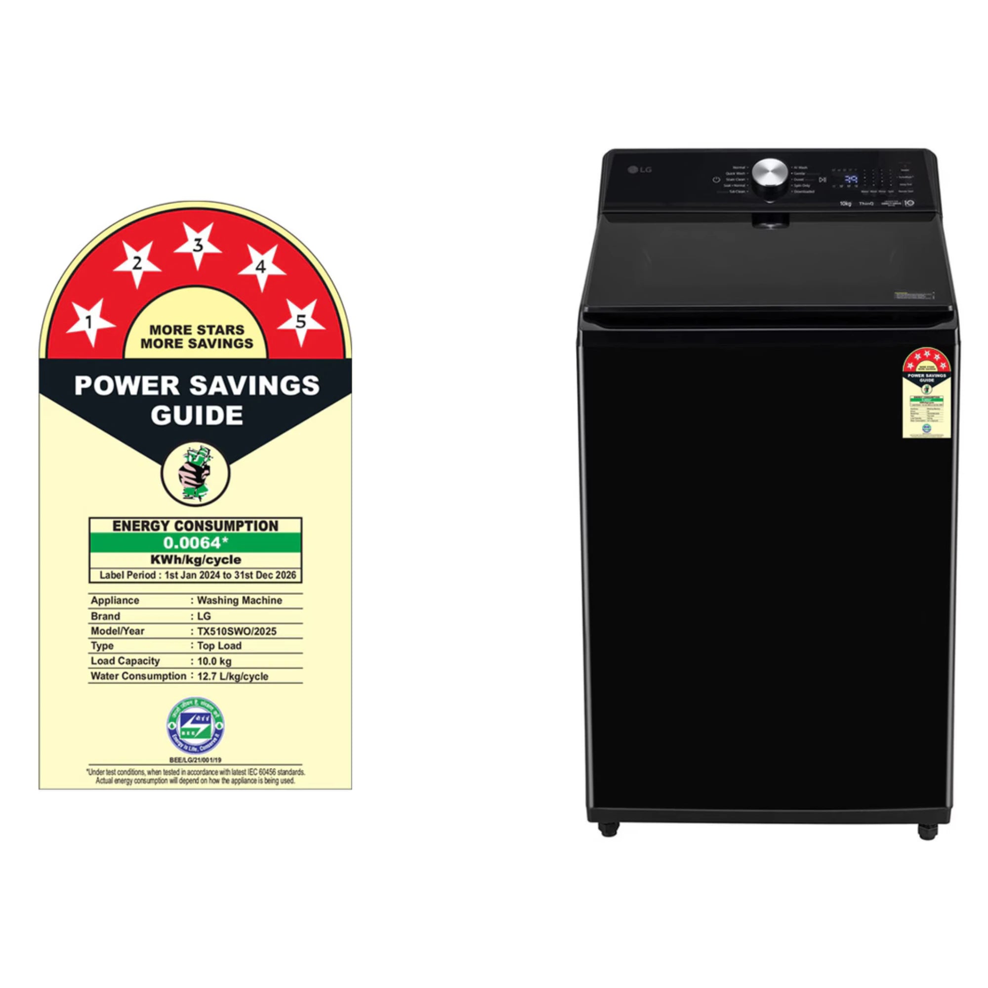 LG TX510SWO 10Kg Top Load Washing Machine, In-Built Heater, TurboWash™, AI Direct Drive™, Onyx Black