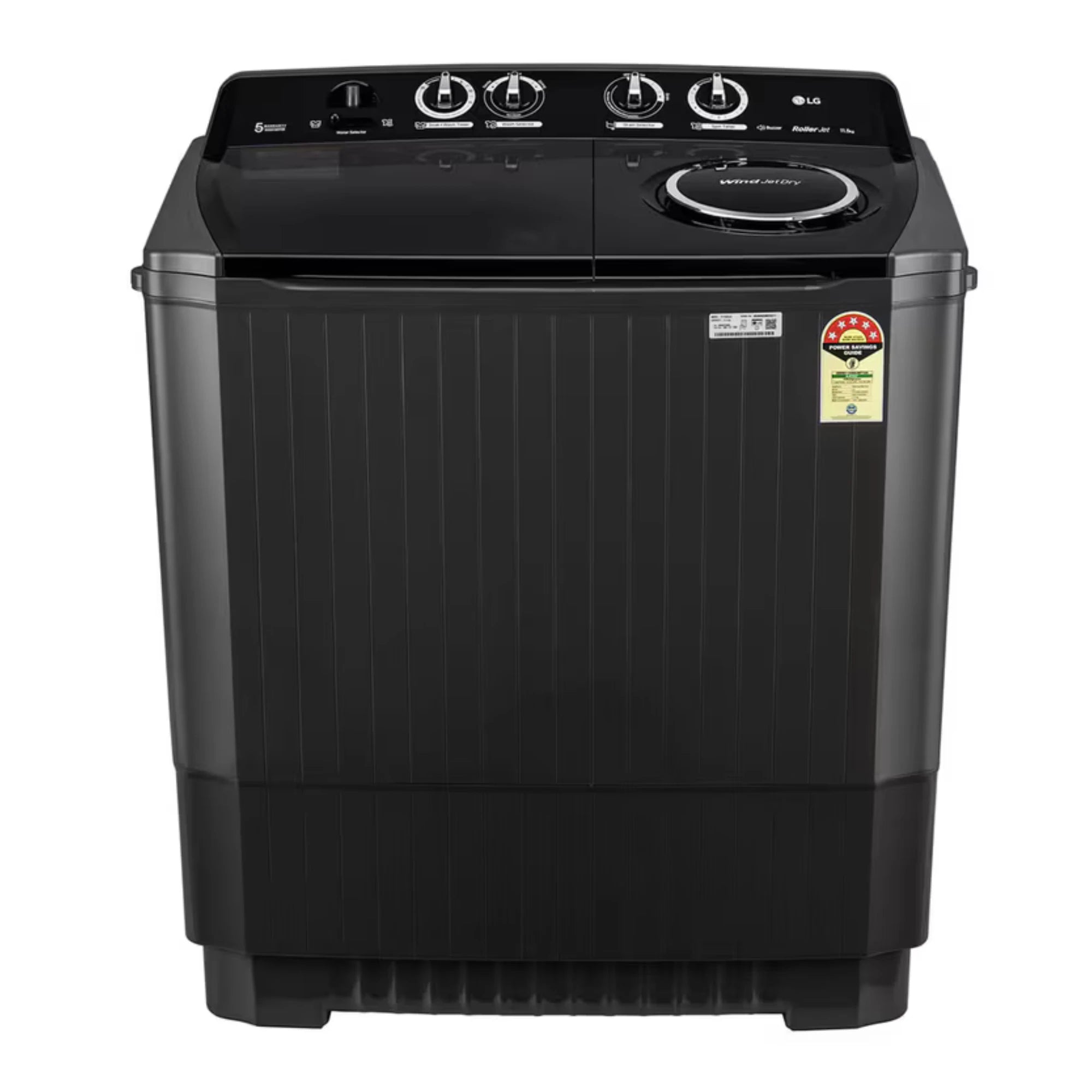 LG 11.5Kg Semi Automatic Washing Machine, Roller Jet Pulsator + Soak, Full Black, 5 Star