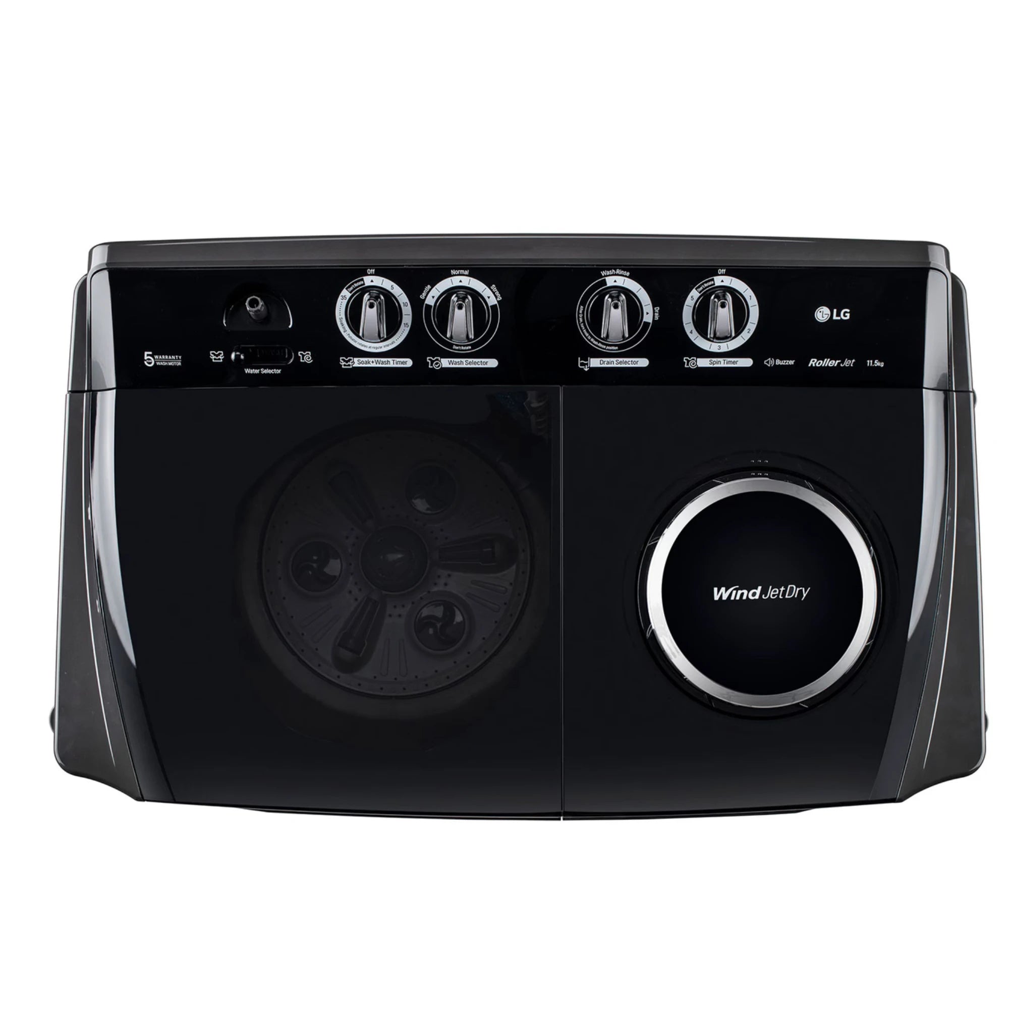 LG 11.5Kg Semi Automatic Washing Machine, Roller Jet Pulsator + Soak, Full Black, 5 Star