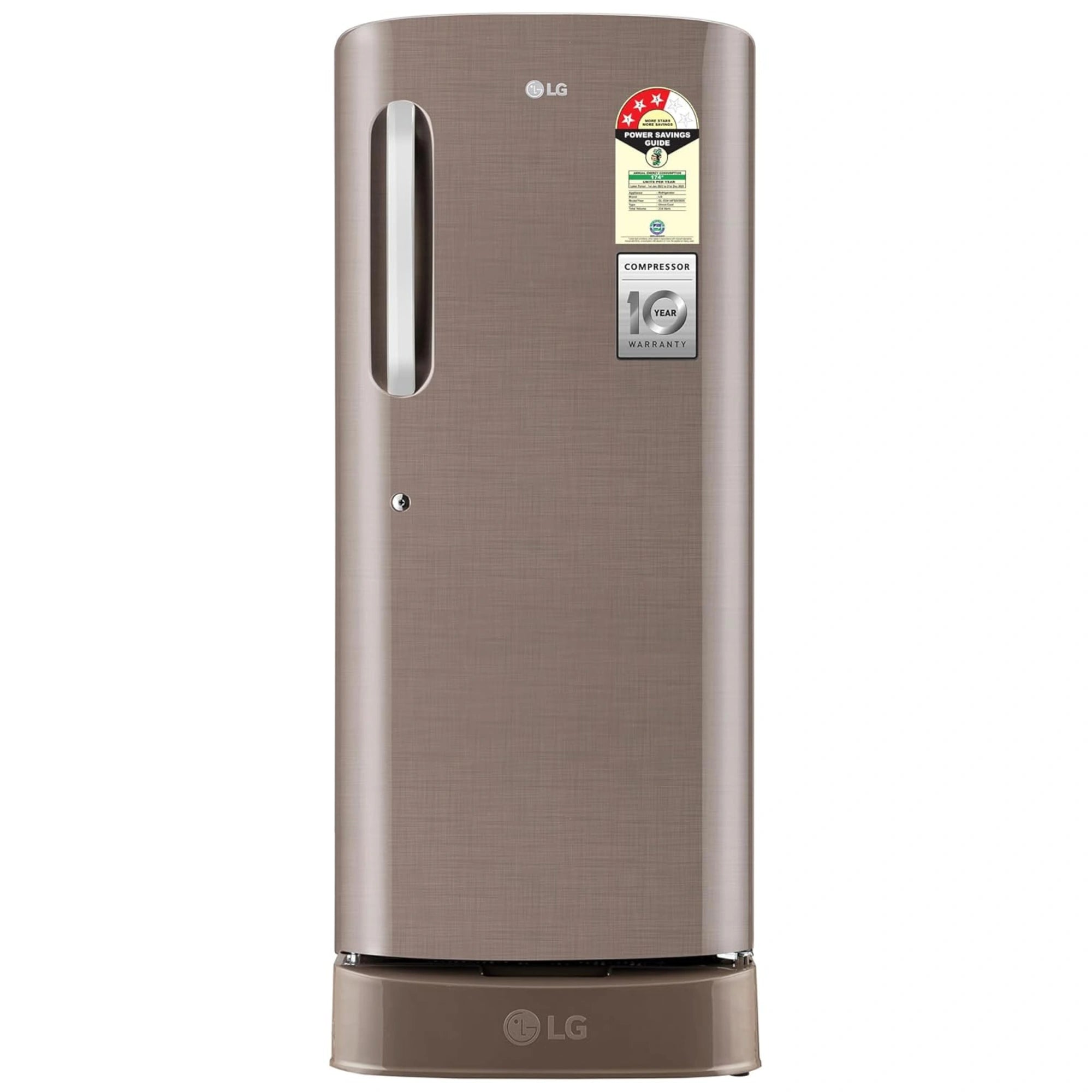 lg 224 litre single door refrigerator fawn steel front view