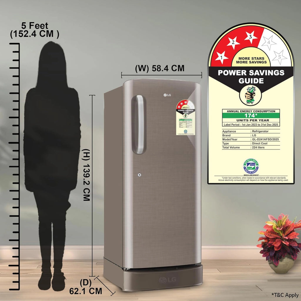 LG refrigerator with dimensions and energy efficiency label displayed, featuring a person for scale.
