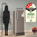 LG refrigerator with dimensions and energy efficiency label displayed, featuring a person for scale.