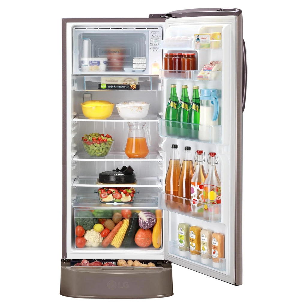 Open refrigerator with various food items and drinks on a white background