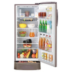 Open refrigerator with various food items and drinks on a white background
