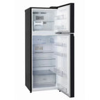 Black refrigerator with open doors on a white background