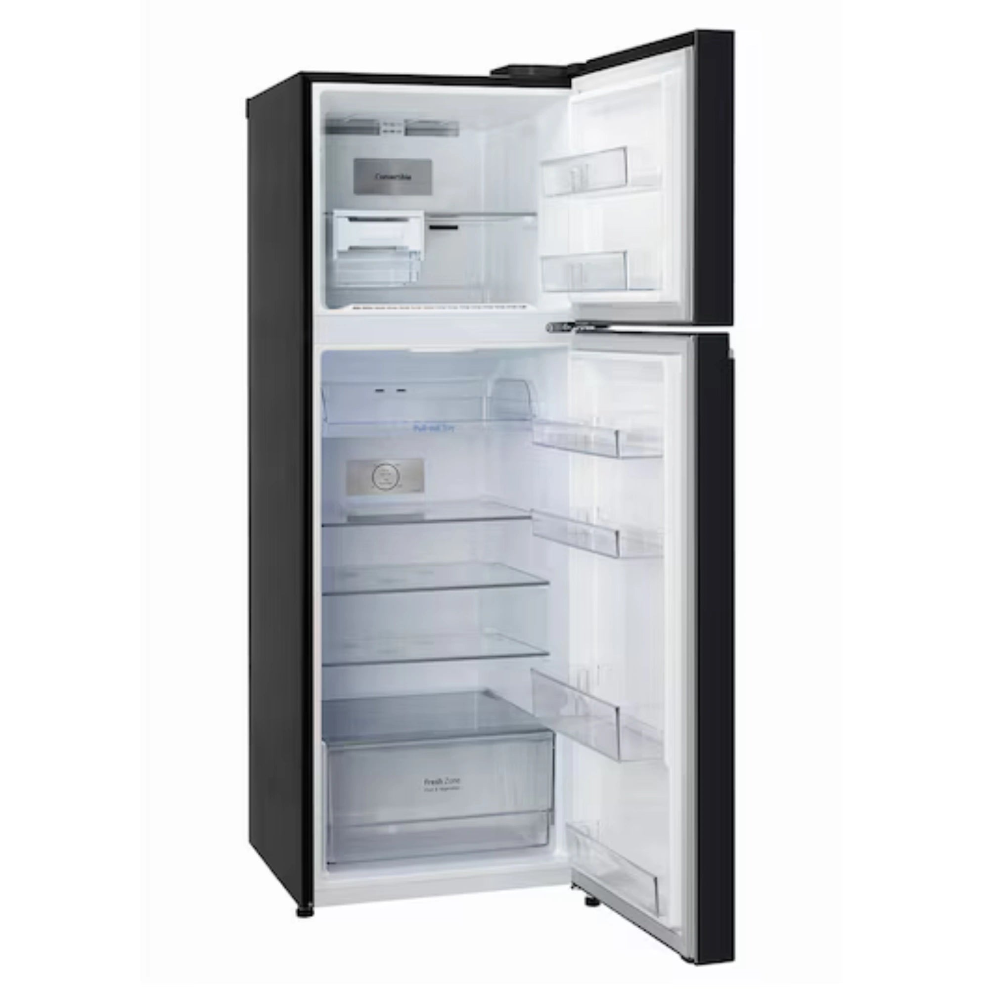 Black refrigerator with open doors on a white background