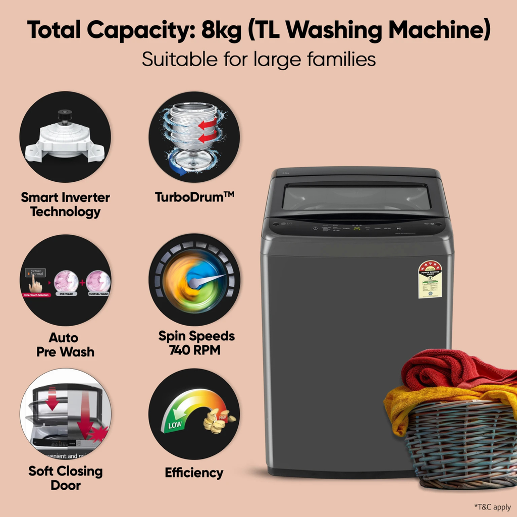 LG 8 kg 5 Star Fully Automatic Top Load Washing Machine T80VBMB4Z Middle Black - Kanha Electronics Amritsar