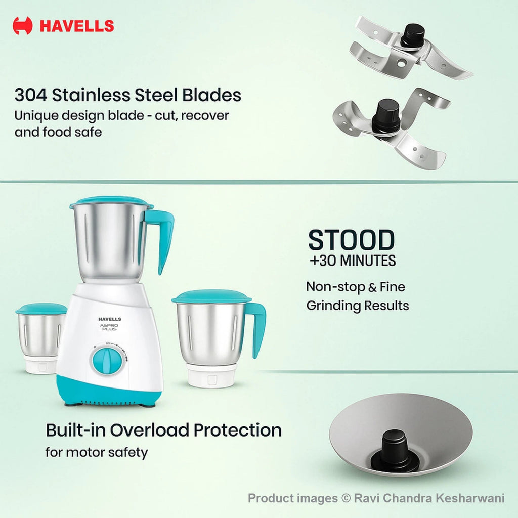Havells Aspro Plus 500W Mixer Grinder with 3 Jars