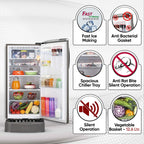 Refrigerator with open door displaying food items and features highlighted on a white background