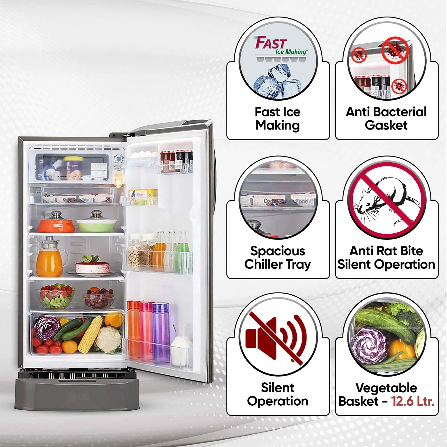 Refrigerator with open door displaying food items and features highlighted on a white background