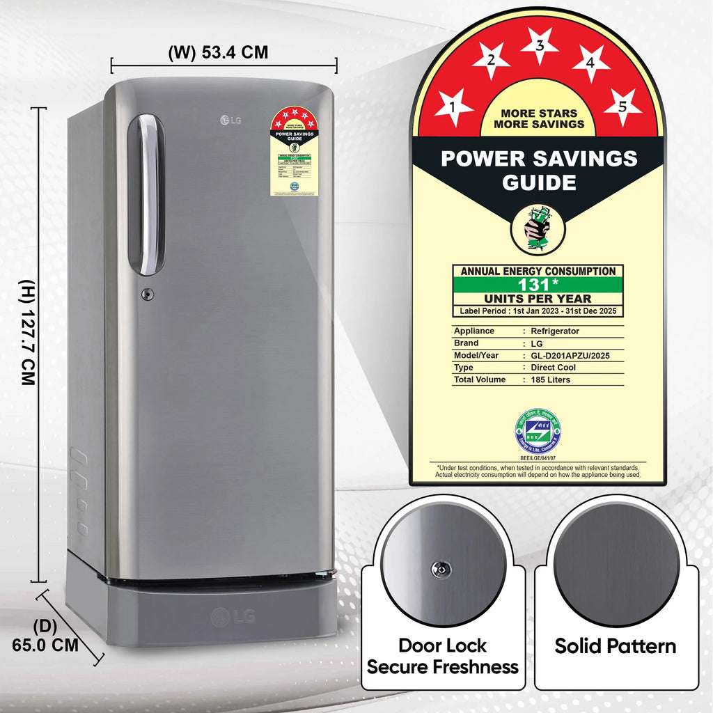 LG refrigerator with dimensions, power savings guide, and feature icons on a white background