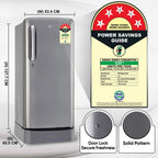 LG refrigerator with dimensions, power savings guide, and feature icons on a white background