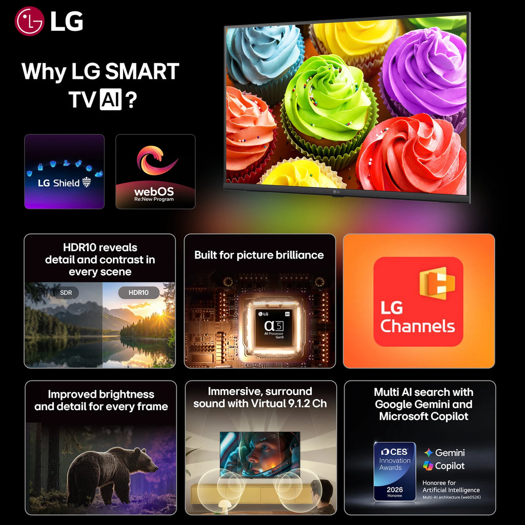 LG 81.28 cm (32 inch) HD LED Smart TV | webOS 26 | Alpha 5 AI Processor Gen9 | HDR10 Pro | 60Hz Refresh Rate | LG Sound Sync | Slim Design | Standard Remote (32LB650BPLA)
