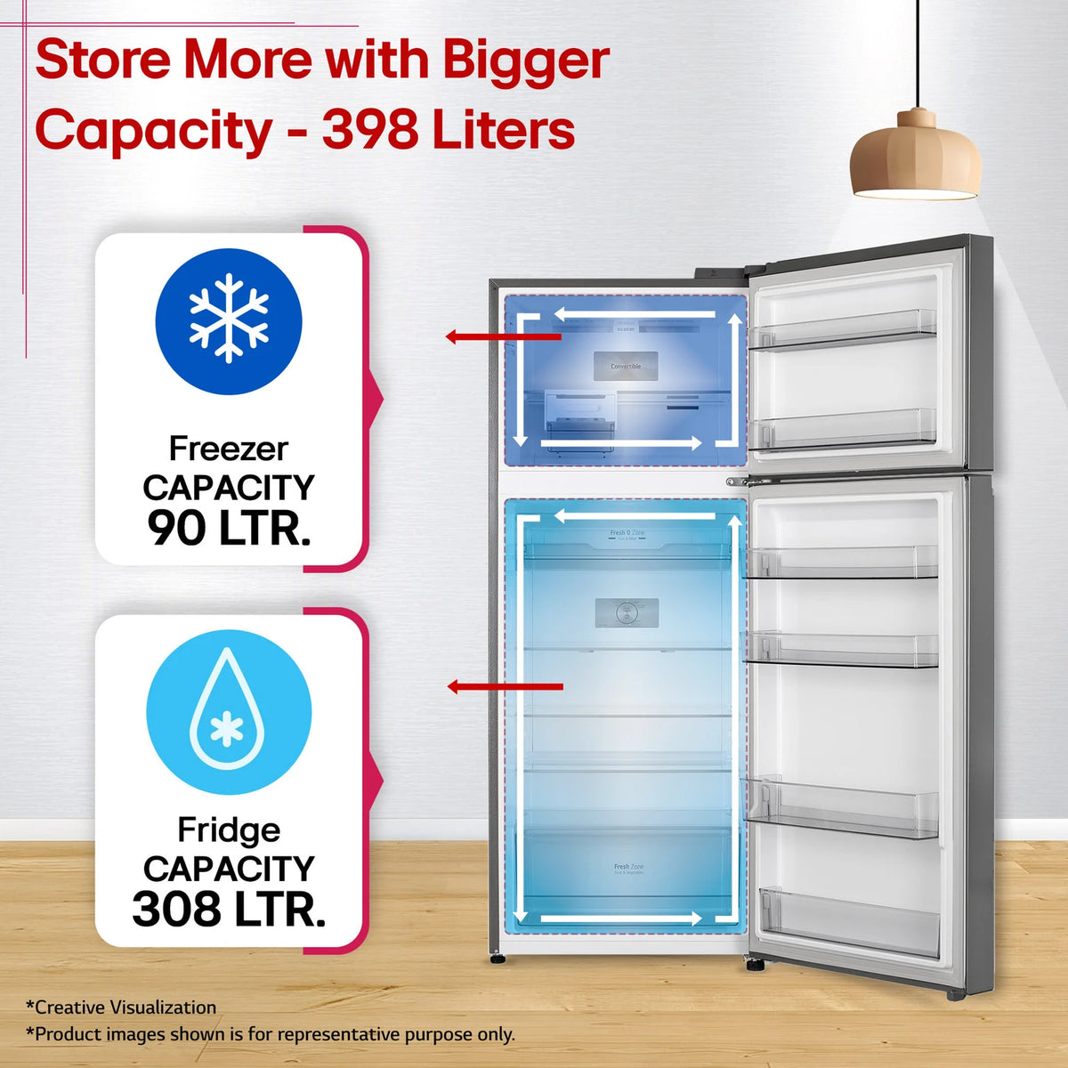 LG 398 L Frost Free Double Door 3 Star Convertible Refrigerator  with Smart Inverter, Wi-Fi Enabled, Multi Air Flow Cooling, Express Freeze, Convertible, diagnosis, Deodorizer & 2026 Model (Shiny Steel, GLT4036SNPZ)