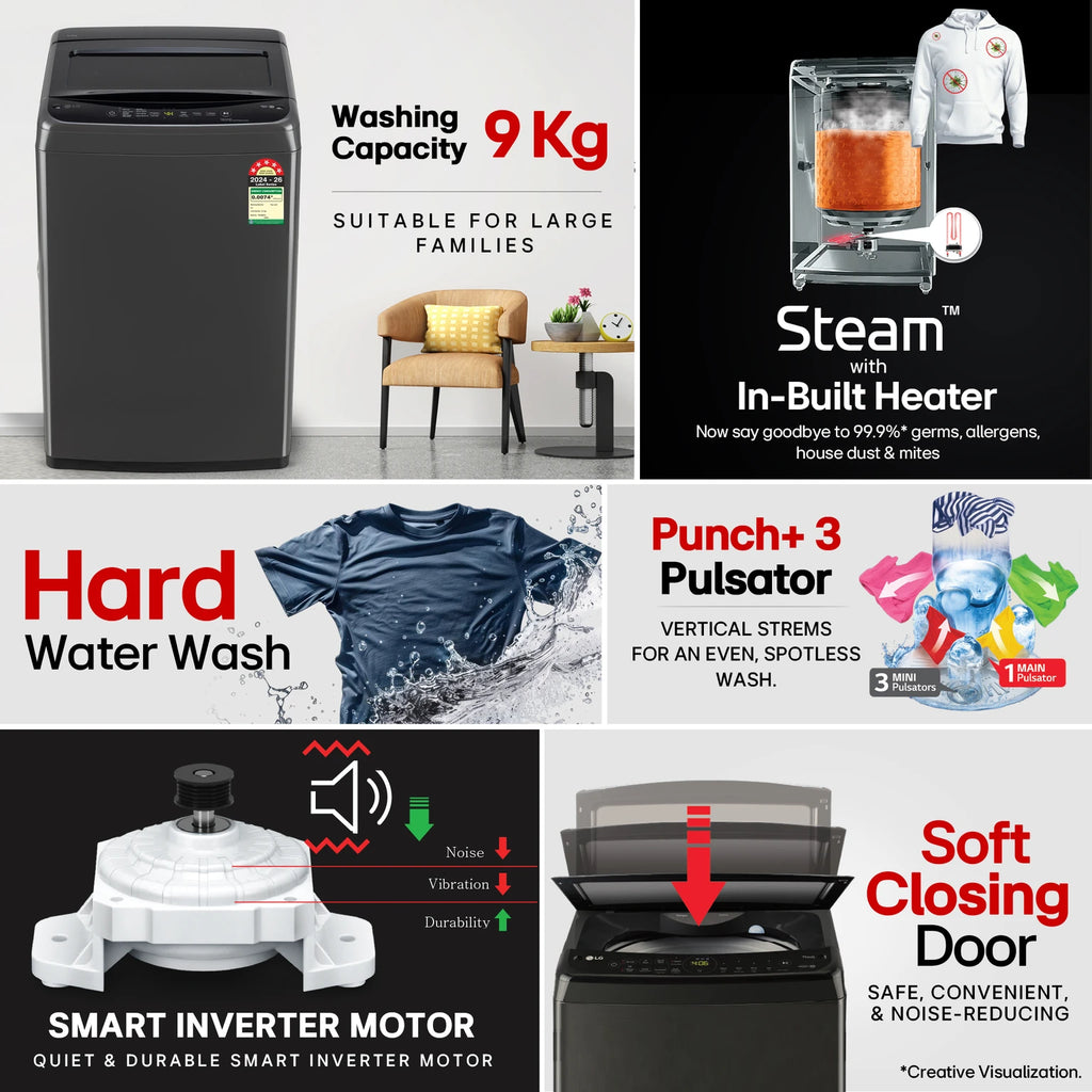 LG 9 kg Fully Automatic Top Load Washing Machine with In-built Heater (T90VBMB1S, Middle Black)