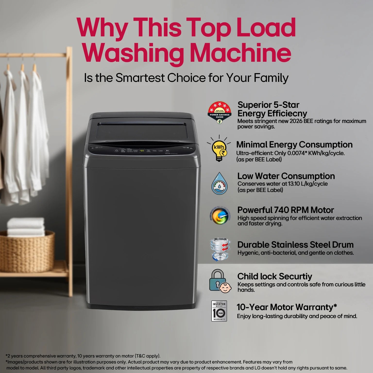 LG 9 kg Fully Automatic Top Load Washing Machine with In-built Heater (T90VBMB1S, Middle Black)