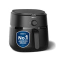Black air fryer with 'India's No.1 Airfryer Brand' label on a white background