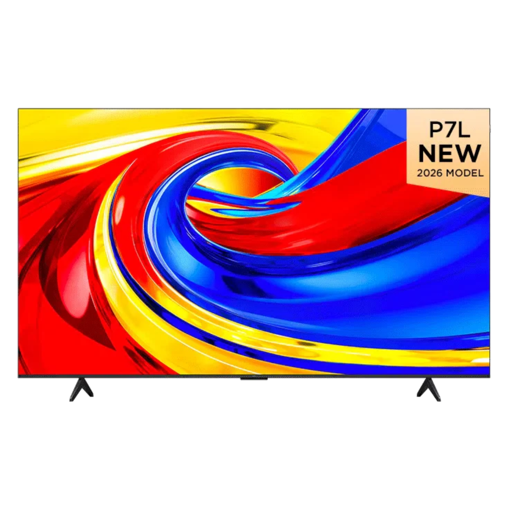 A modern flat-screen TV on slim black stands, displaying a vibrant abstract swirl of red, yellow, and blue graphics. A beige badge in the top-right corner reads 'P7L NEW 2026 MODEL'.