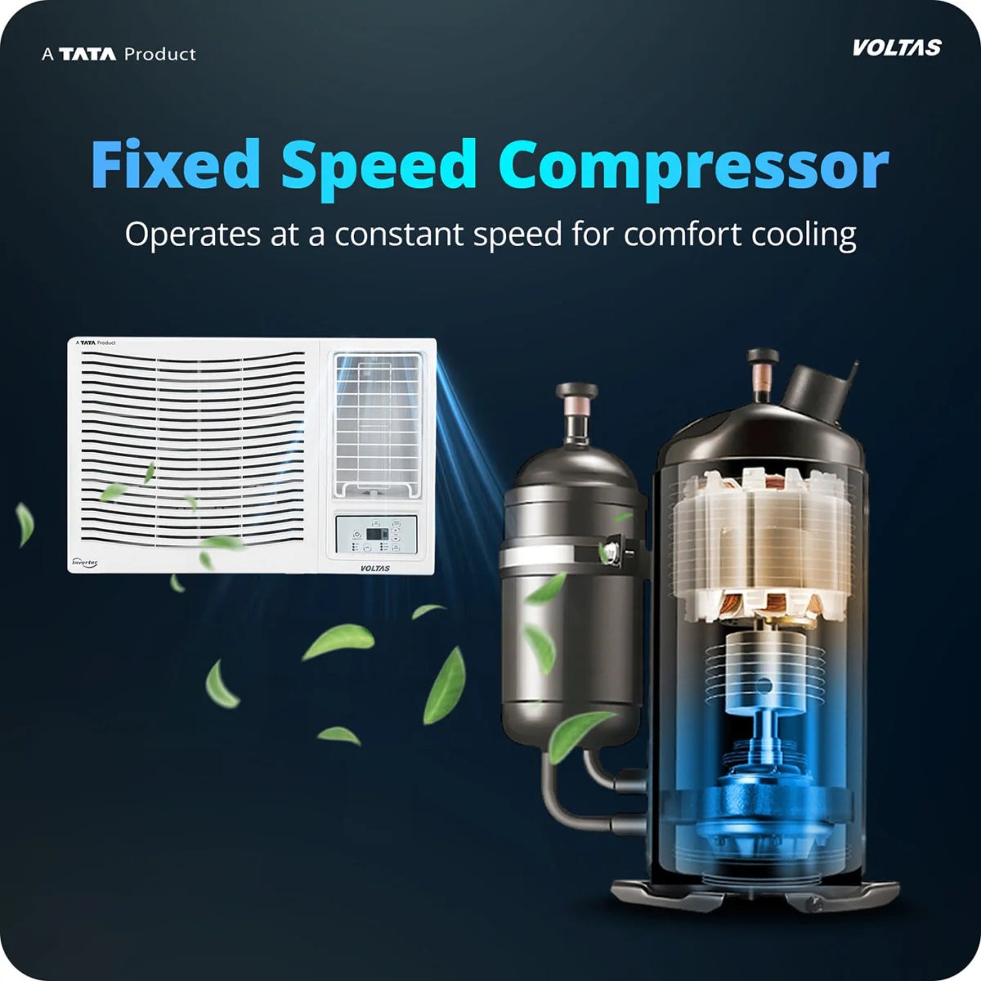 Advertisement for Voltas air conditioner with fixed speed compressor on a dark background