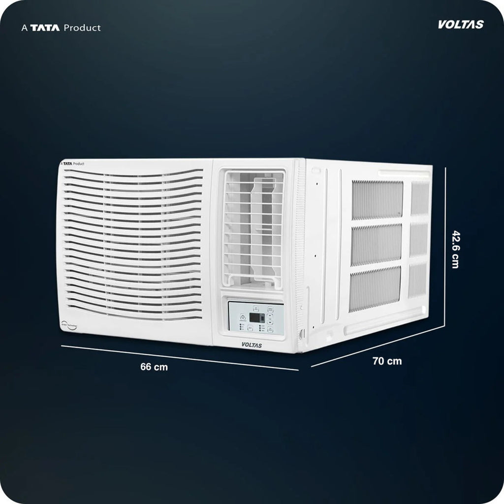 White window air conditioner with dimensions on a dark background, featuring the Voltas brand.