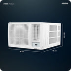 White window air conditioner with dimensions on a dark background, featuring the Voltas brand.