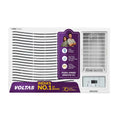Voltas window air conditioner with branding and product features on a white background