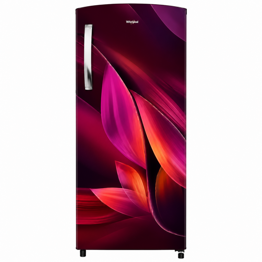 A single-door refrigerator with a glossy dark purple and magenta floral design on the front, featuring a vertical silver handle and the Whirlpool logo at the top.