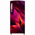 A single-door refrigerator with a glossy dark purple and magenta floral design on the front, featuring a vertical silver handle and the Whirlpool logo at the top.