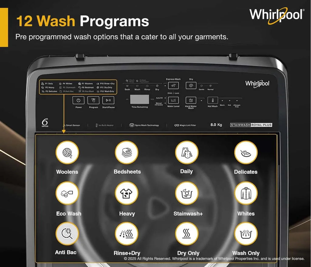 Whirlpool 8kg Washer 31673 Digital Display Top Console and Spiro Wash Drum Overview with 10 Years Motor Warranty at Keshav Enterprises near Khandwala Chowk