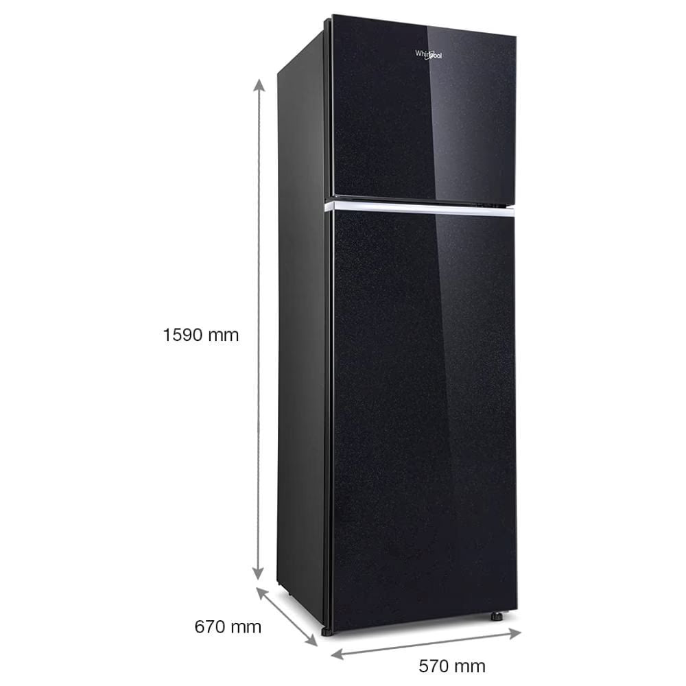 Inside view of Whirlpool Neo 278GD PRM frost free refrigerator showing toughened glass shelves and vegetable crisper