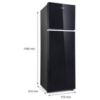 Inside view of Whirlpool Neo 278GD PRM frost free refrigerator showing toughened glass shelves and vegetable crisper